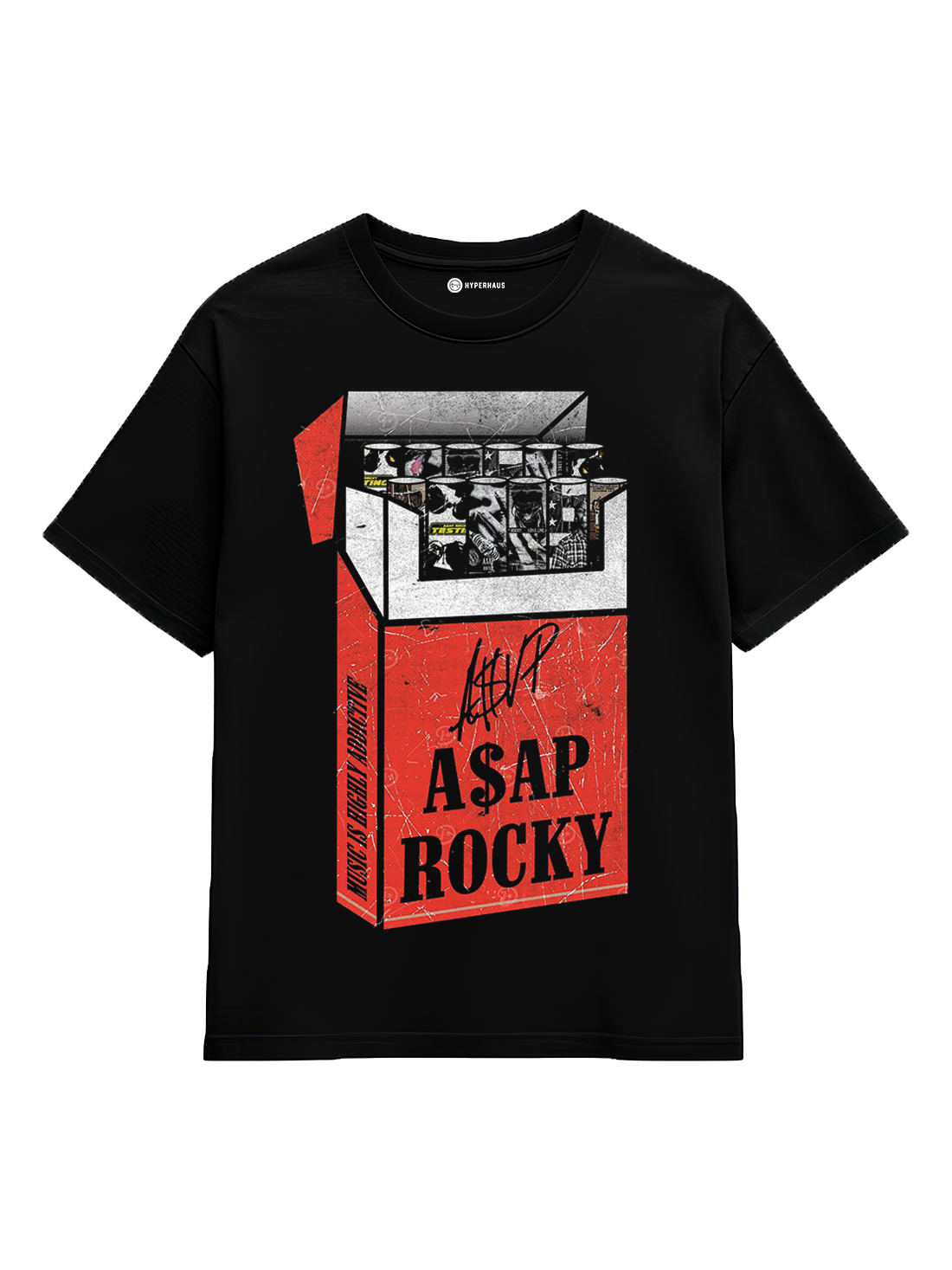 A$AP Rocky Box Tee - oversized hip hop t-shirt with cigarette box-inspired graphic