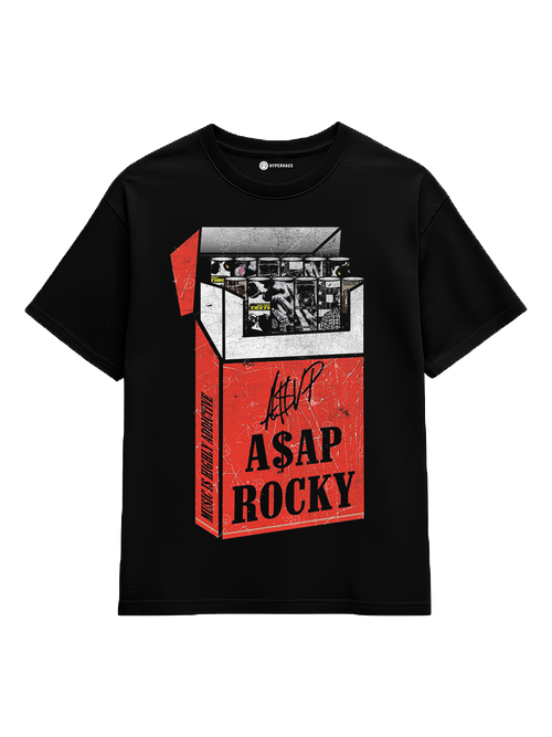 A$AP Rocky Box Tee - oversized hip hop t-shirt with cigarette box-inspired graphic