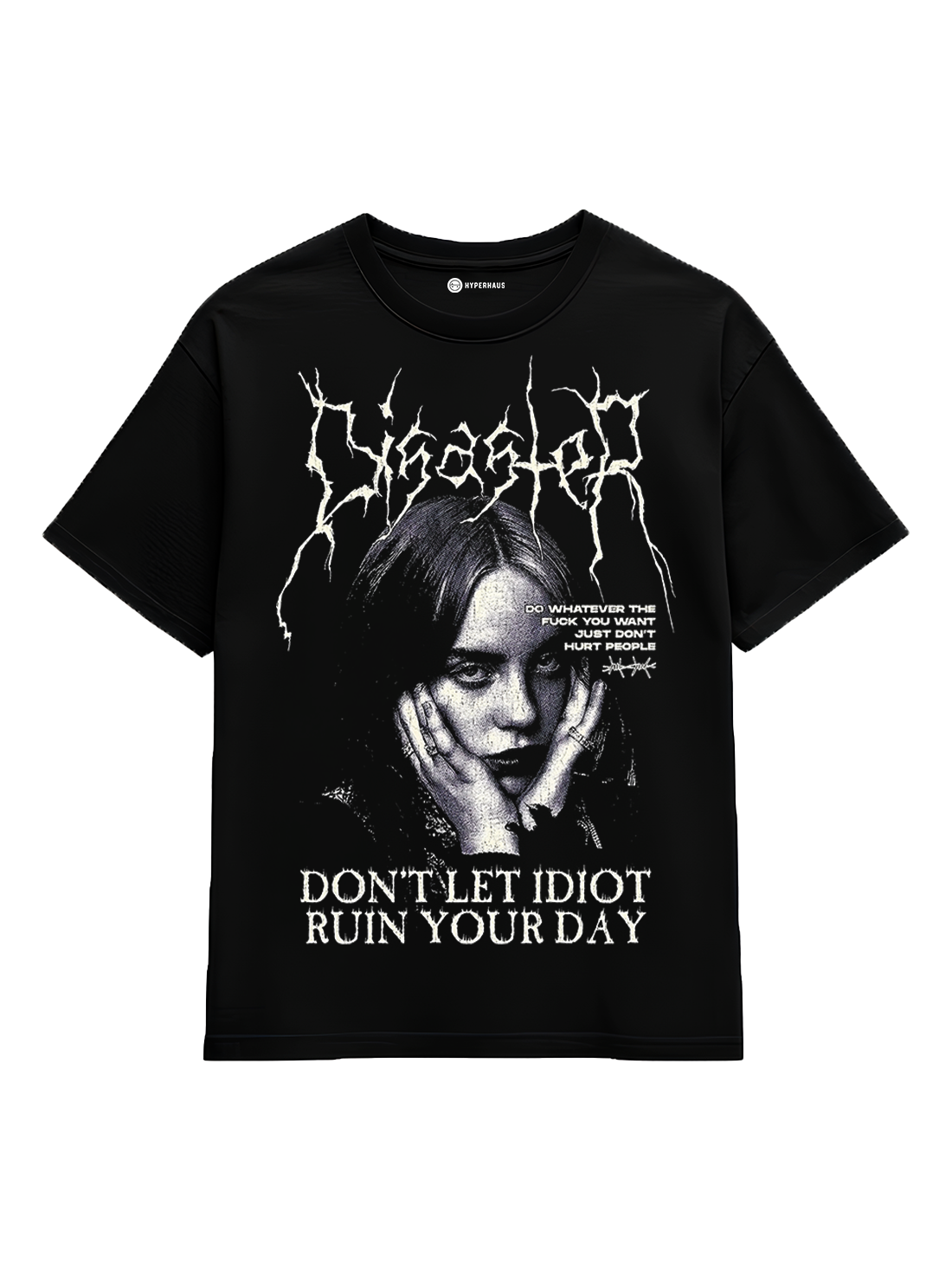 Billie Eilish Quote Tee - oversized t-shirt with monochrome portrait and statement typography