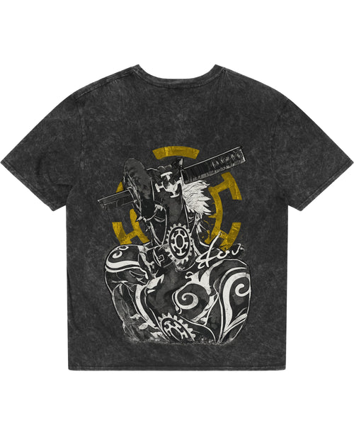 Cursed Blade Washed Tee - back view, monochrome swordsman graphic on distressed vintage wash