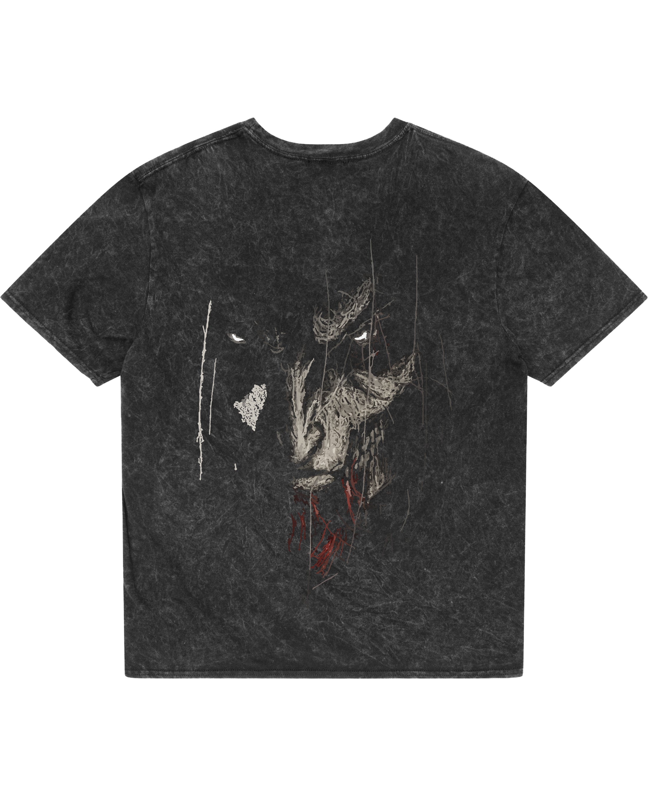 Phantom Rage Washed Tee - back view, oversized acid-wash t-shirt with crimson accent detailing